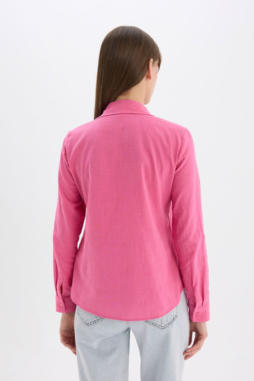 Woman Pink Regular Fit Shirt Collar Linen Blend Shirt