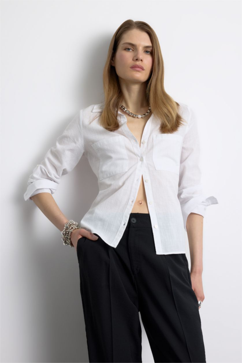 Woman White Regular Fit Shirt Collar Linen Blend Shirt
