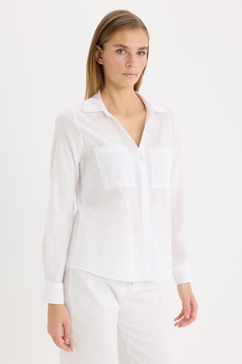 Woman White Regular Fit Shirt Collar Linen Blend Shirt