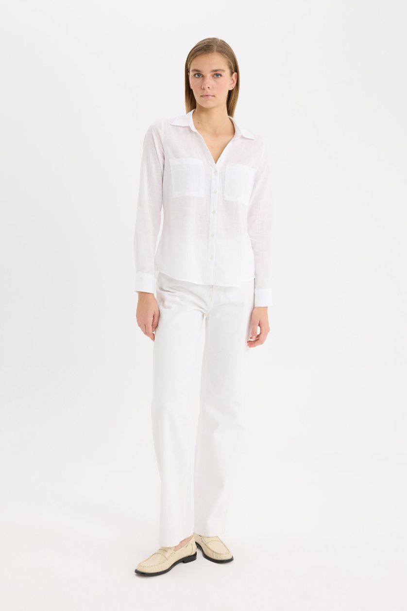 Woman White Regular Fit Shirt Collar Linen Blend Shirt