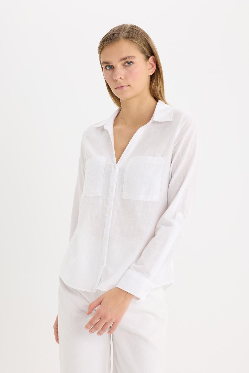 Woman White Regular Fit Shirt Collar Linen Blend Shirt