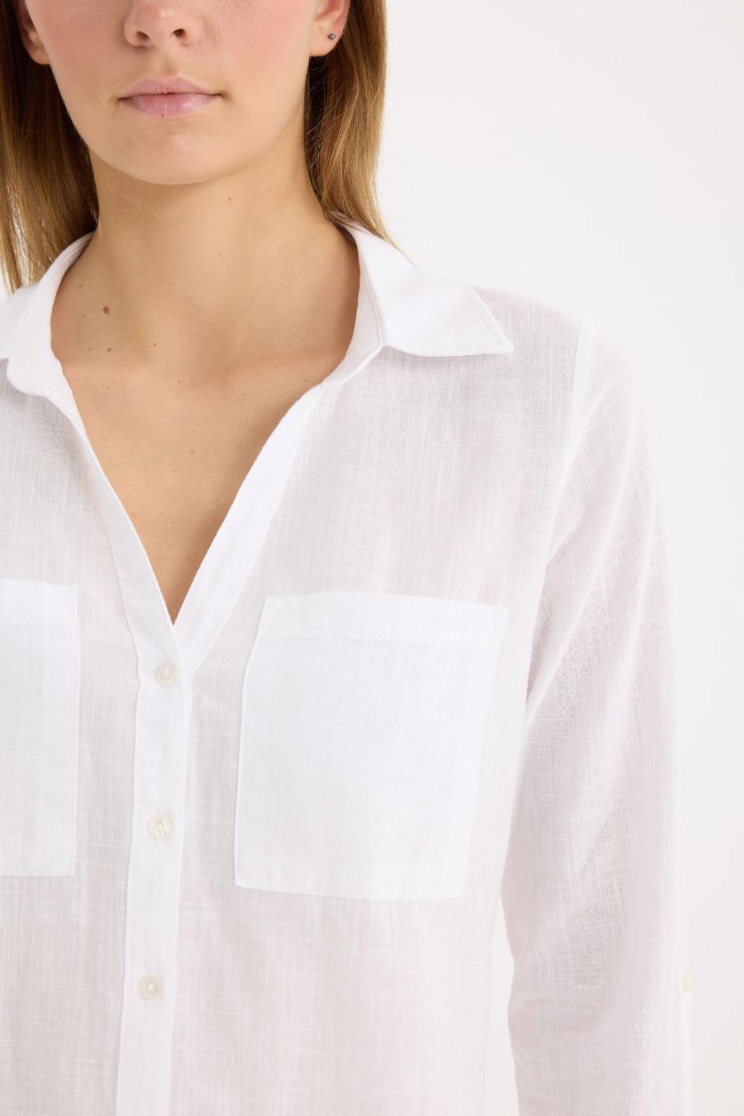 Woman White Regular Fit Shirt Collar Linen Blend Shirt