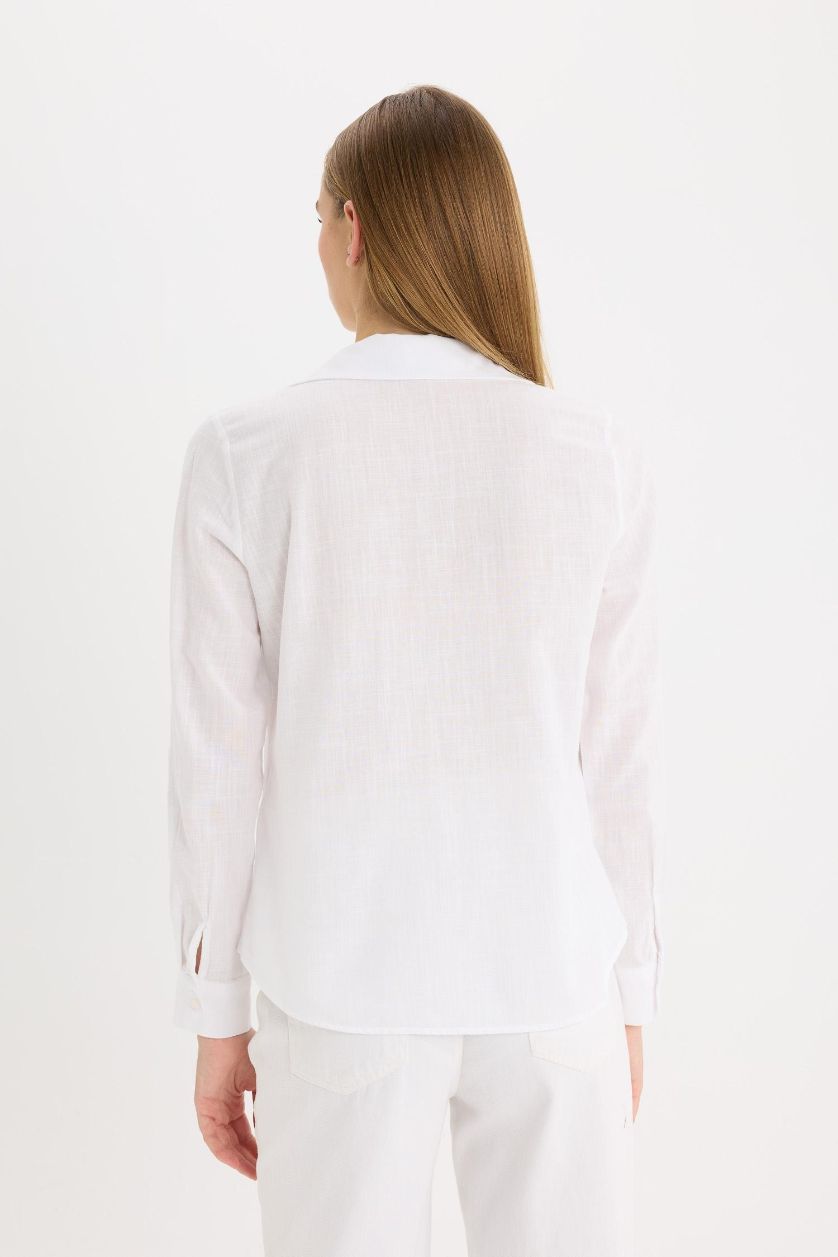 Woman White Regular Fit Shirt Collar Linen Blend Shirt
