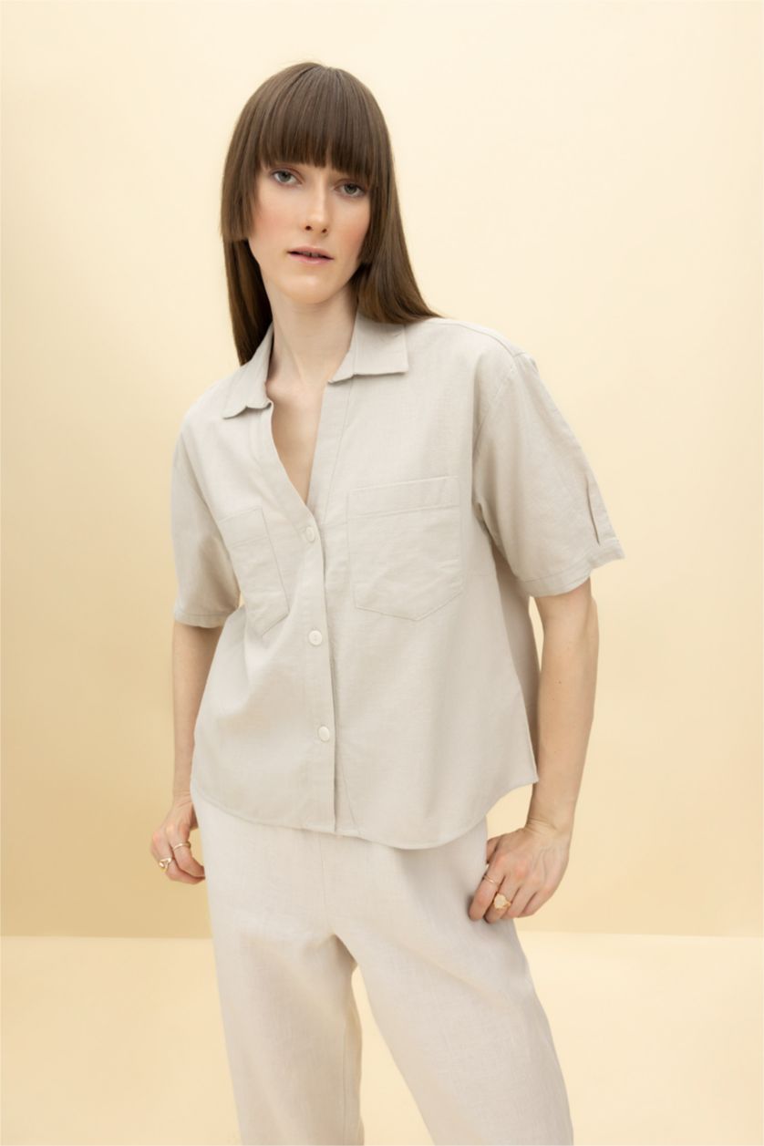 WOMAN Beige Boxy Fit Linen Blended Short Sleeve Shirt