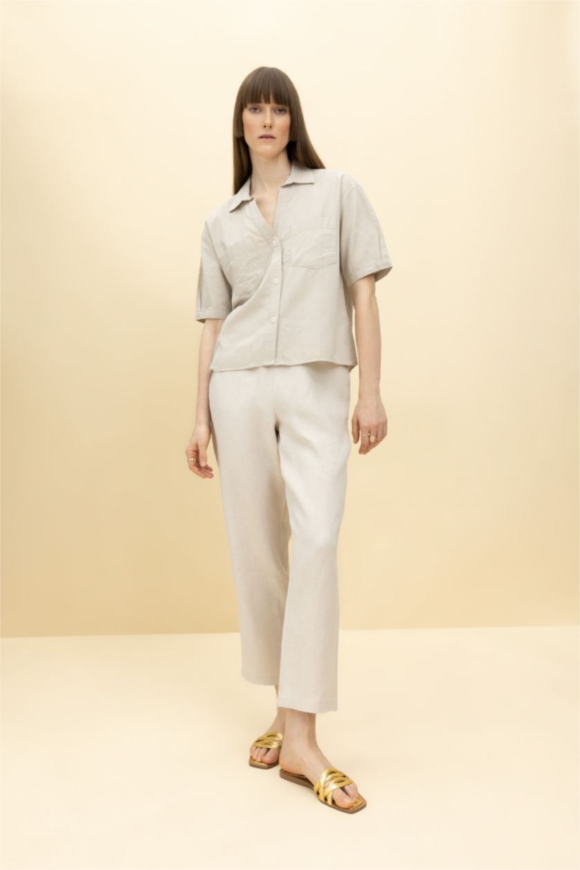 WOMAN Beige Boxy Fit Linen Blended Short Sleeve Shirt