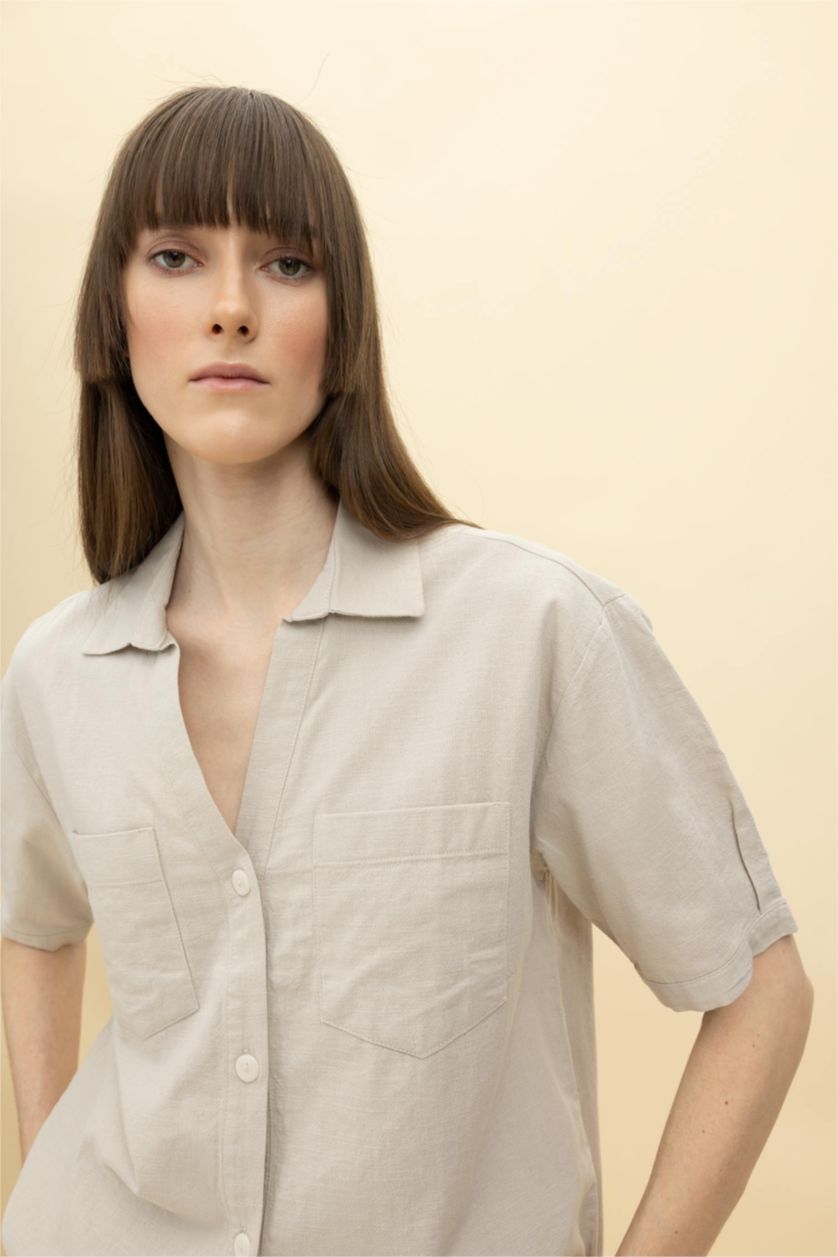 WOMAN Beige Boxy Fit Linen Blended Short Sleeve Shirt