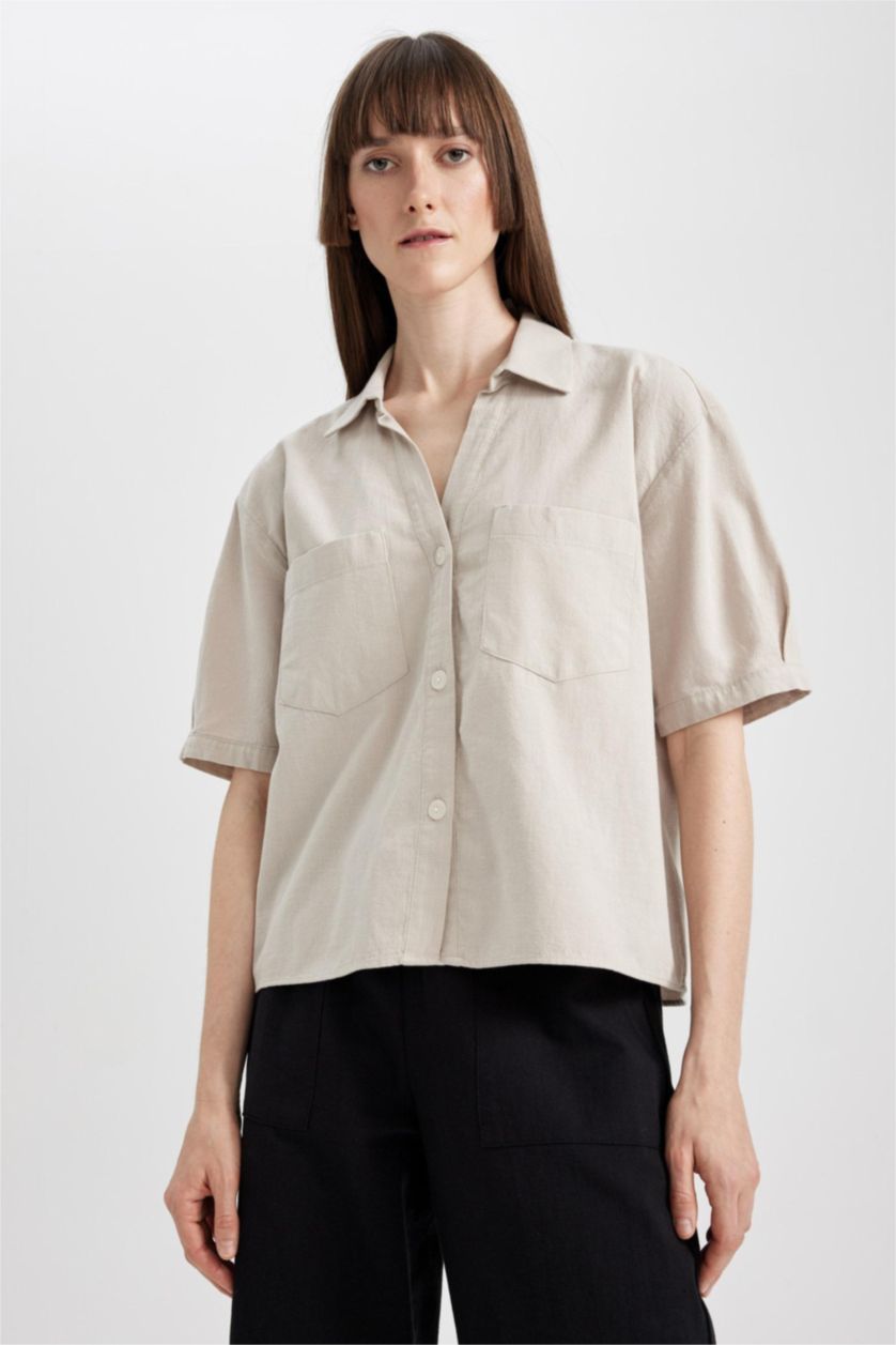 WOMAN Beige Boxy Fit Linen Blended Short Sleeve Shirt