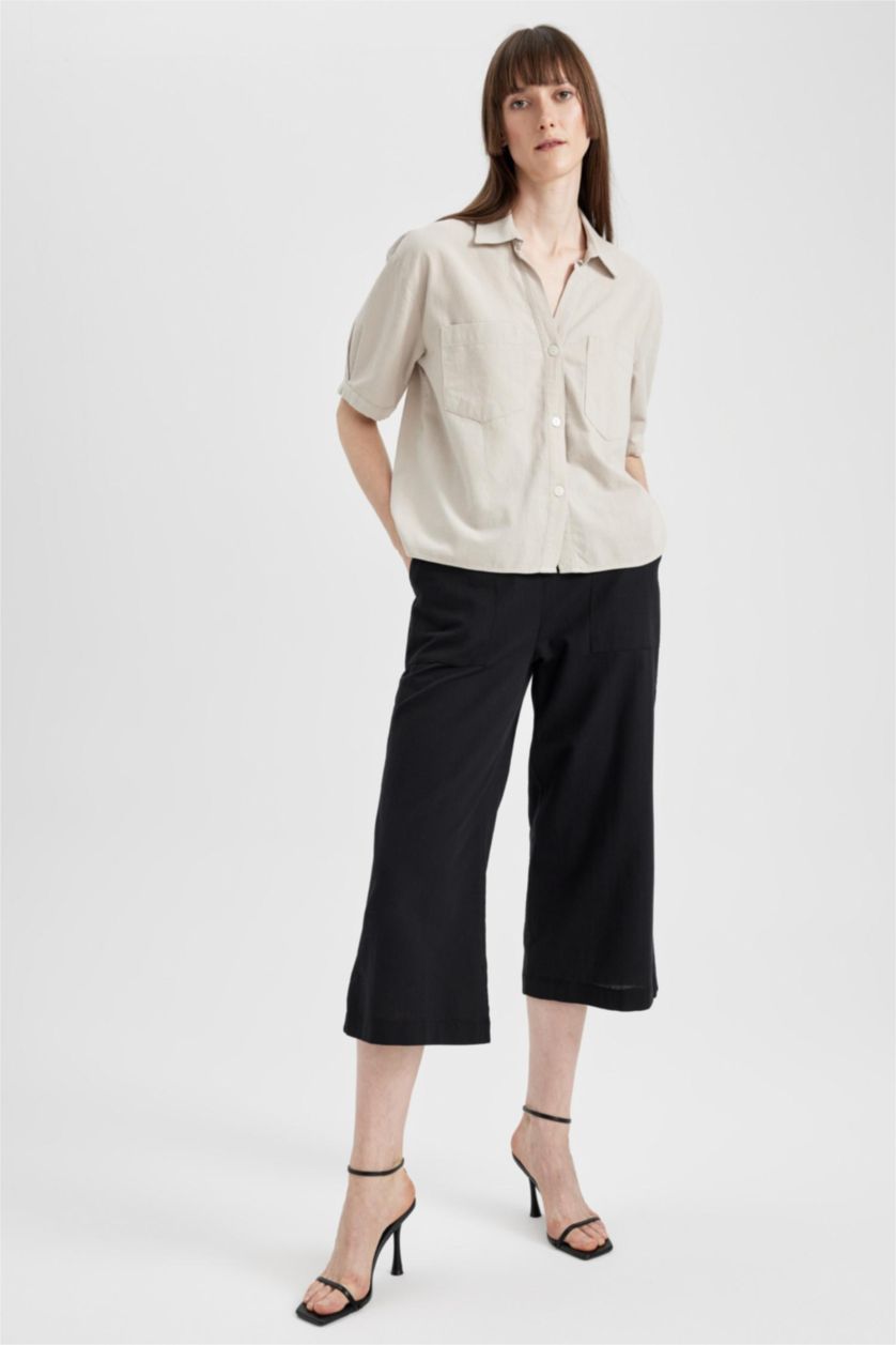 WOMAN Beige Boxy Fit Linen Blended Short Sleeve Shirt