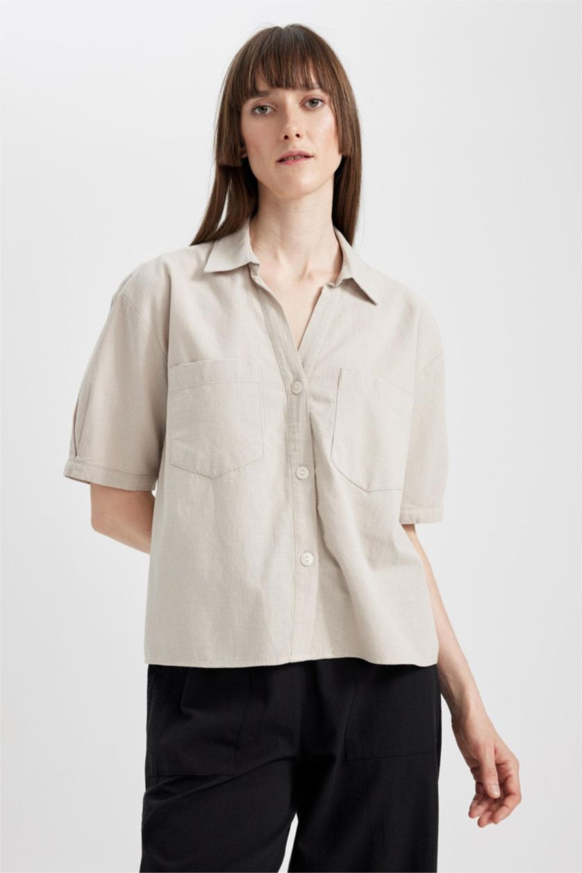 WOMAN Beige Boxy Fit Linen Blended Short Sleeve Shirt