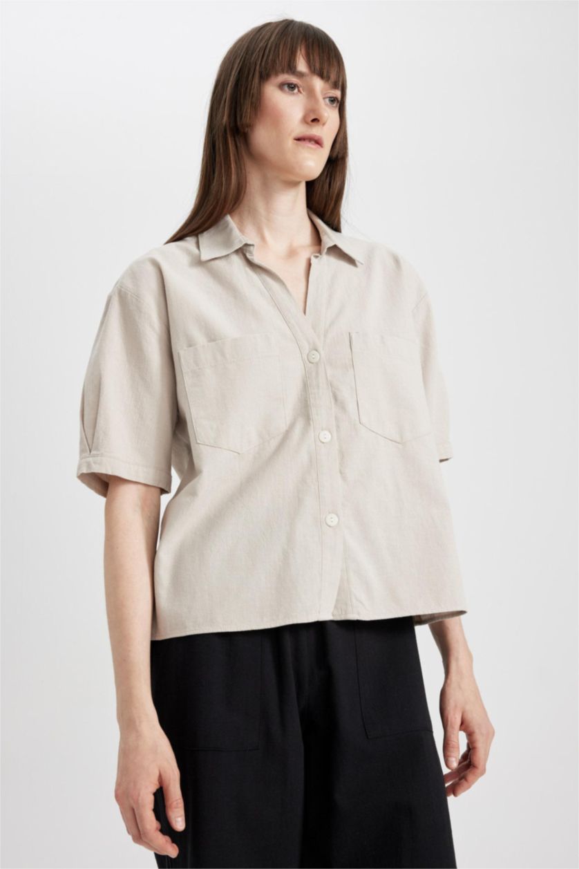 WOMAN Beige Boxy Fit Linen Blended Short Sleeve Shirt