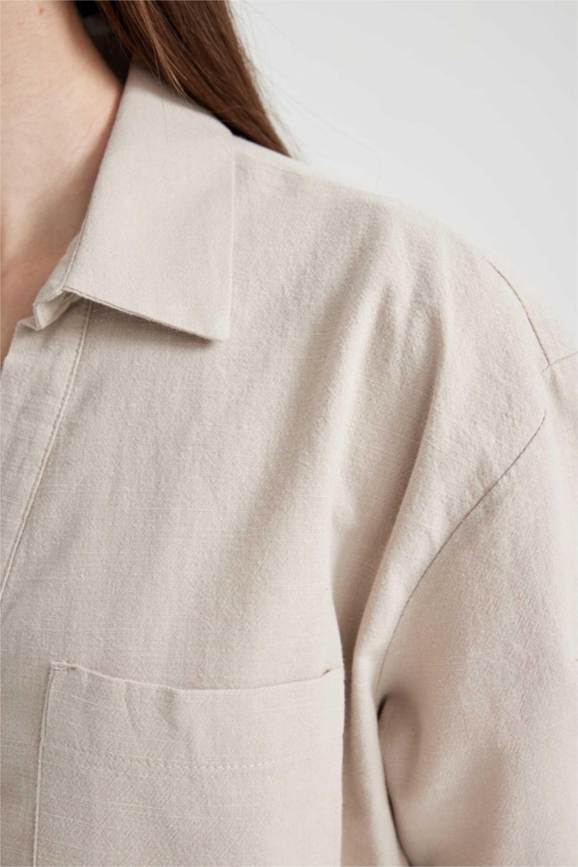 WOMAN Beige Boxy Fit Linen Blended Short Sleeve Shirt