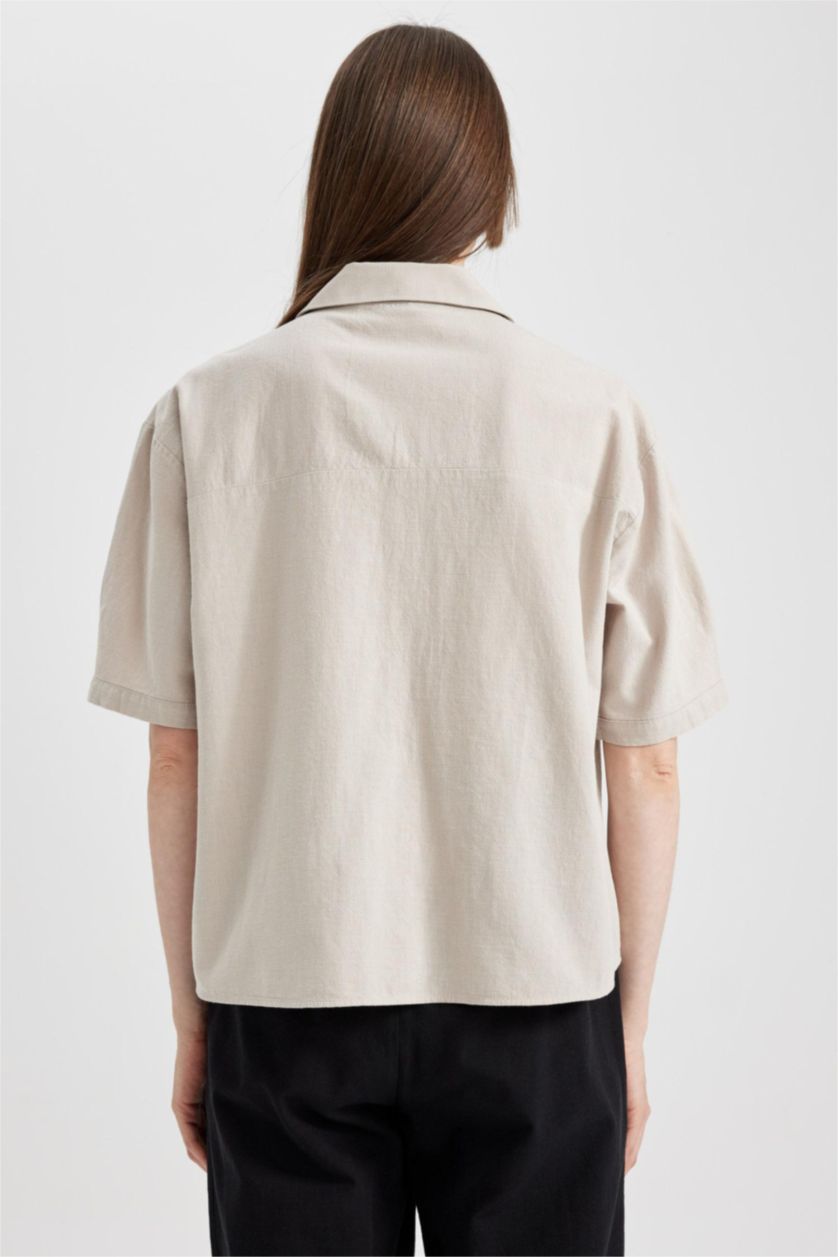 WOMAN Beige Boxy Fit Linen Blended Short Sleeve Shirt