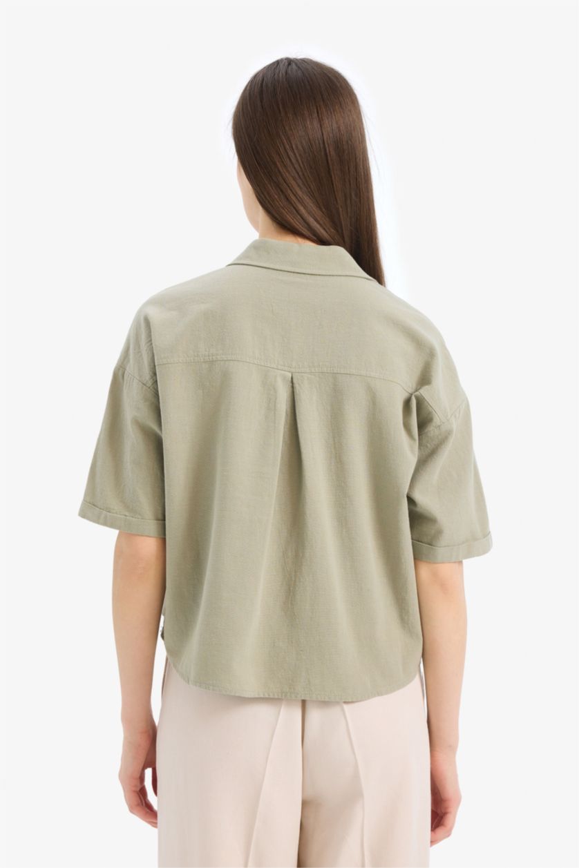 Kadın Haki 	Boxy Fit Basic Düz Kısa Kollu Gömlek