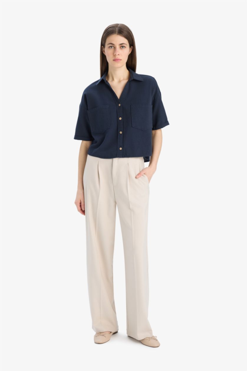 Kadın Lacivert Boxy Fit Basic Düz Kısa Kollu Gömlek