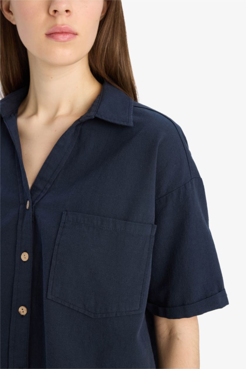 Kadın Lacivert Boxy Fit Basic Düz Kısa Kollu Gömlek