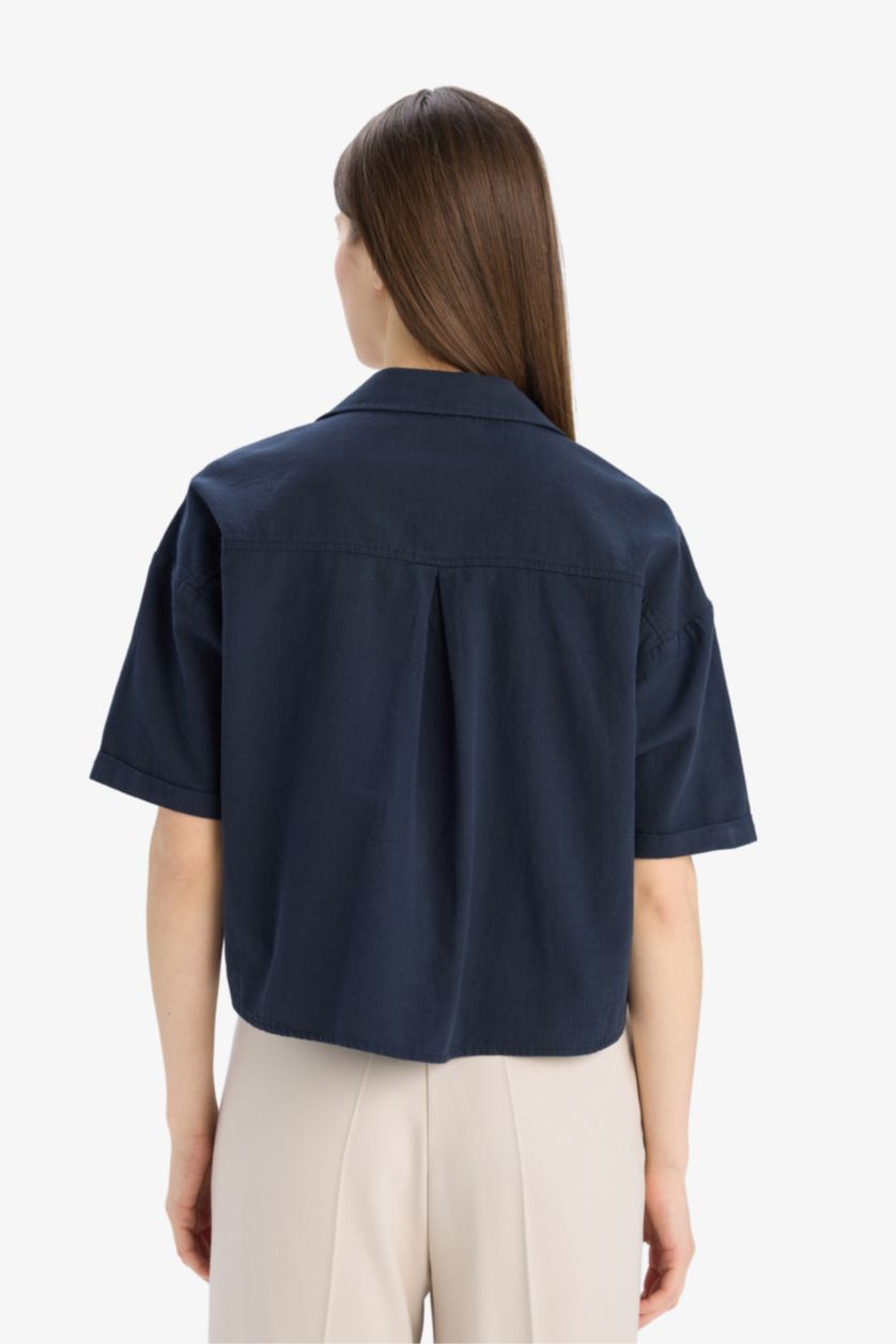 Kadın Lacivert Boxy Fit Basic Düz Kısa Kollu Gömlek