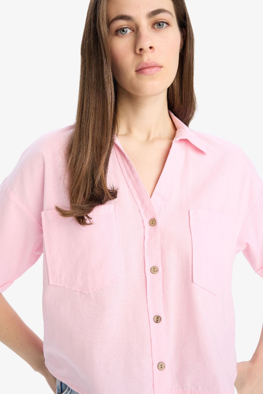 Kadın Açık Pembe Boxy Fit Basic Düz Kısa Kollu Gömlek