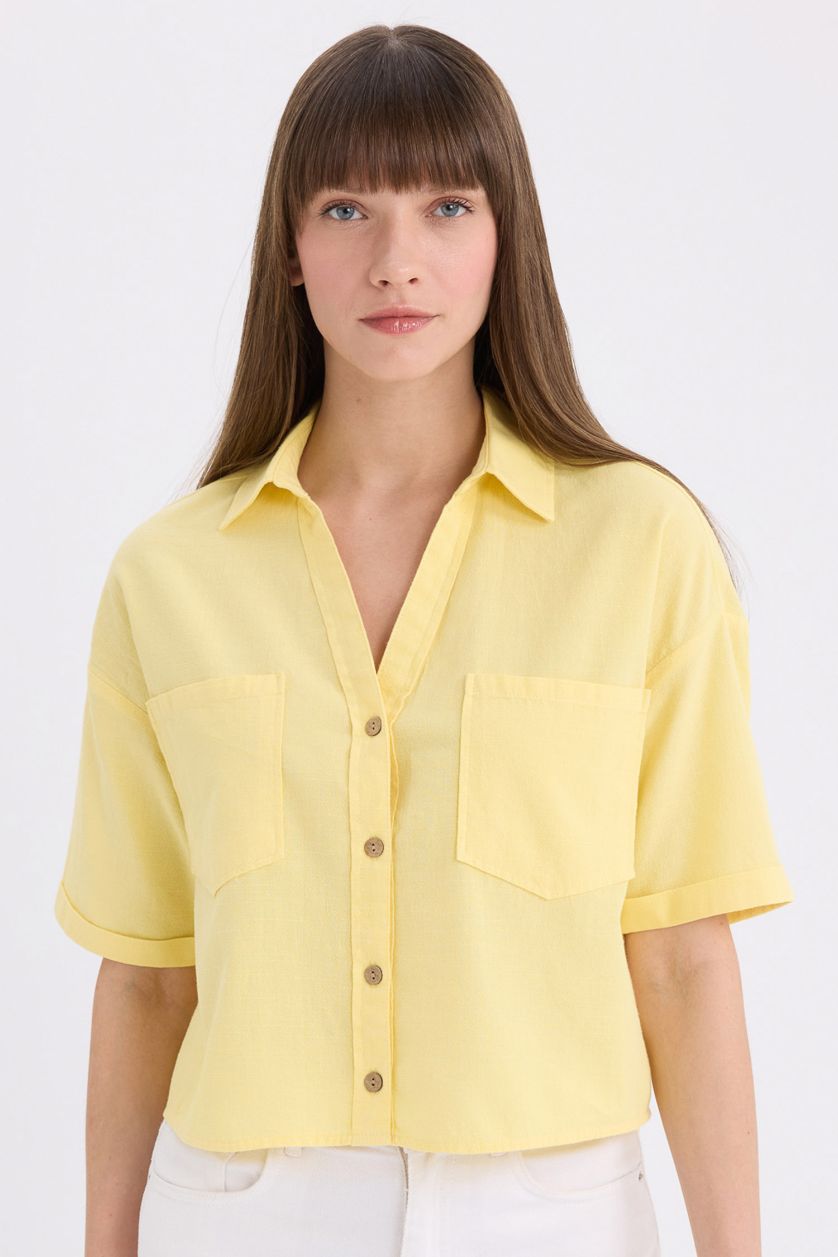 Woman Yellow Boxy Fit Shirt Collar Linen Blended Short Sleeve Shirt