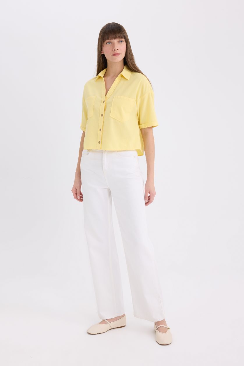 Woman Yellow Boxy Fit Shirt Collar Linen Blended Short Sleeve Shirt