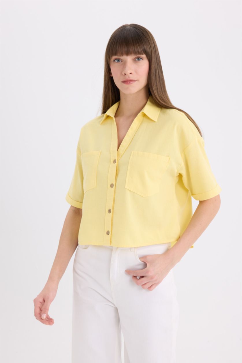 Woman Yellow Boxy Fit Shirt Collar Linen Blended Short Sleeve Shirt