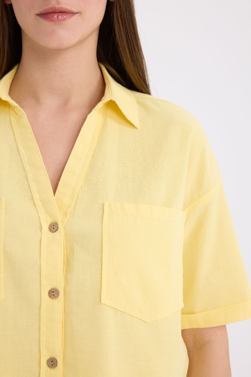Woman Yellow Boxy Fit Shirt Collar Linen Blended Short Sleeve Shirt