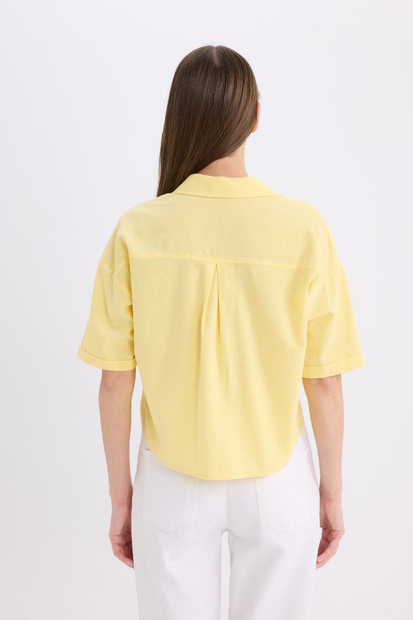 Woman Yellow Boxy Fit Shirt Collar Linen Blended Short Sleeve Shirt