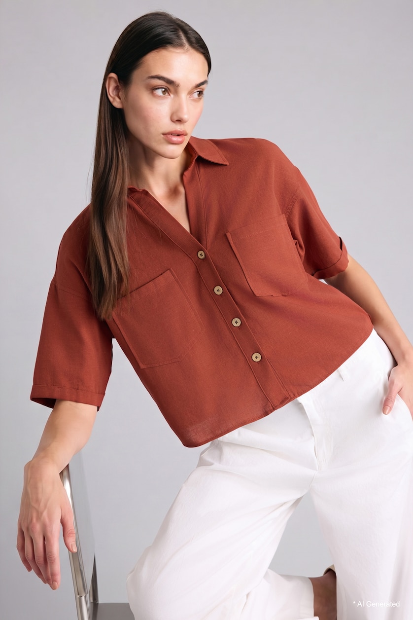 WOMAN Light Brown Boxy Fit Linen Blended Short Sleeve Shirt