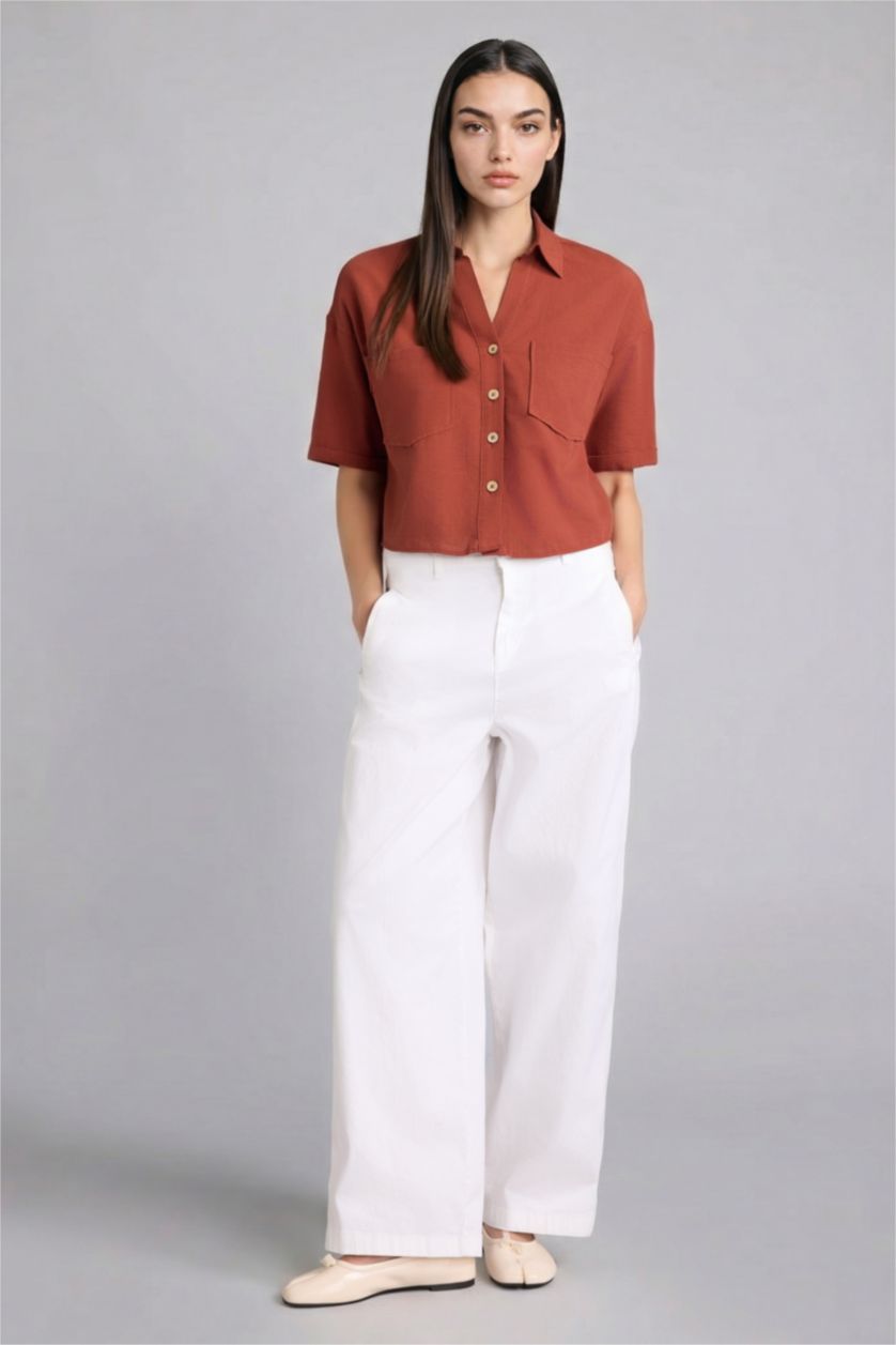 Kadın Açık Kahve Boxy Fit Keten Karışımlı Gömlek