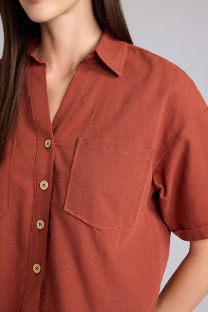 Kadın Açık Kahve Boxy Fit Keten Karışımlı Gömlek