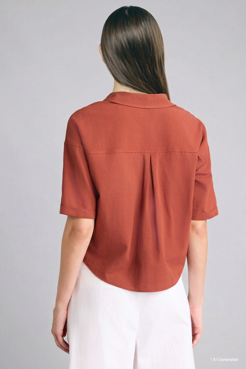 WOMAN Light Brown Boxy Fit Linen Blended Short Sleeve Shirt