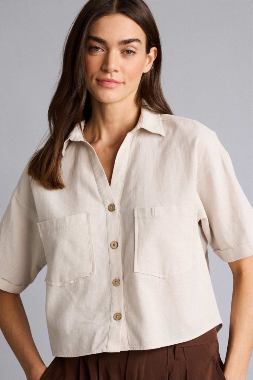 Woman Ecru Boxy Fit Shirt Collar Linen Blended Short Sleeve Shirt