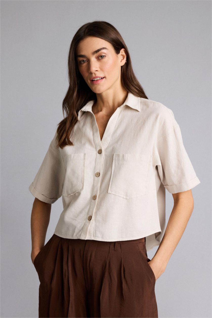 Woman Ecru Boxy Fit Shirt Collar Linen Blended Short Sleeve Shirt