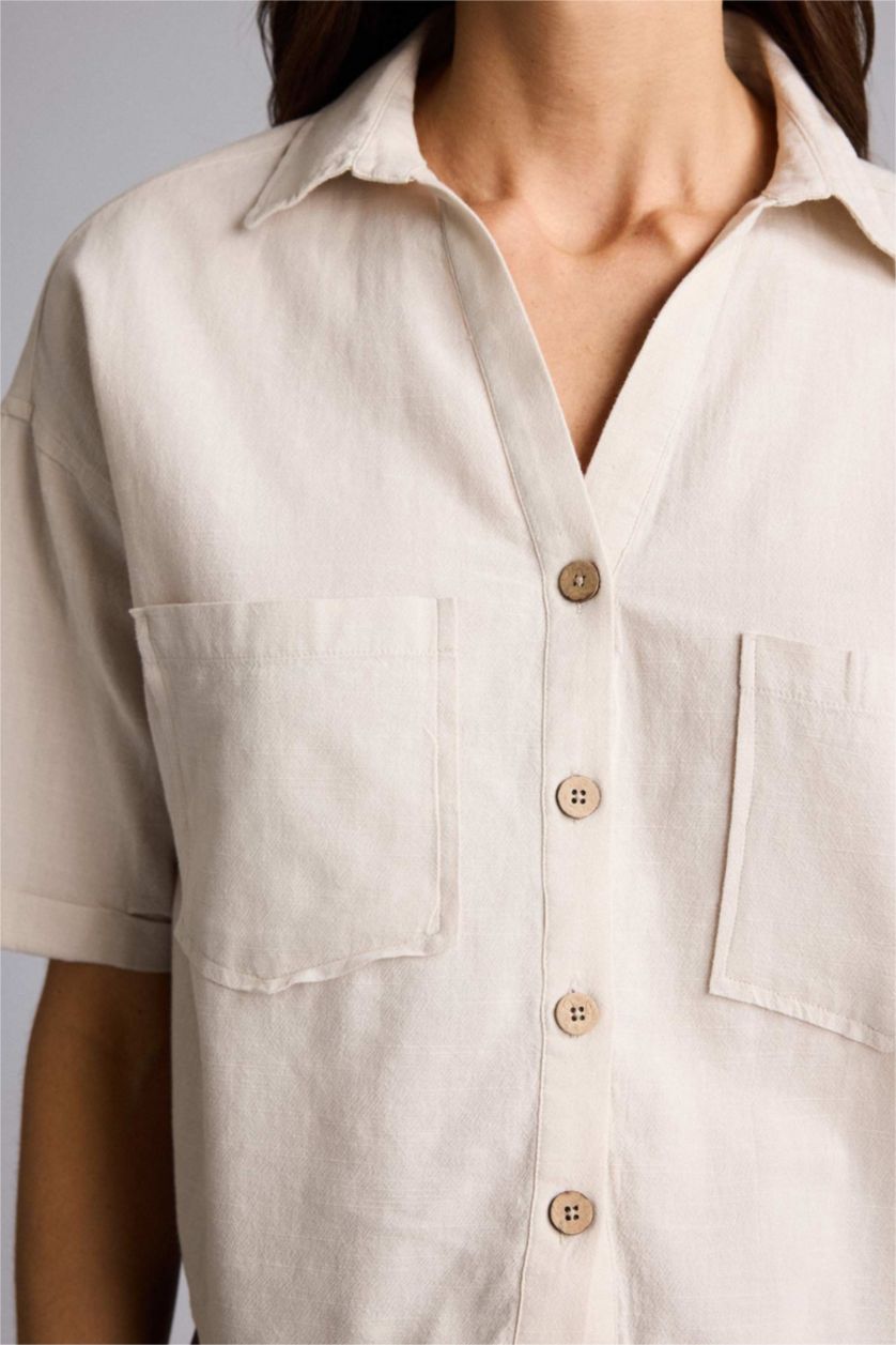 Woman Ecru Boxy Fit Shirt Collar Linen Blended Short Sleeve Shirt
