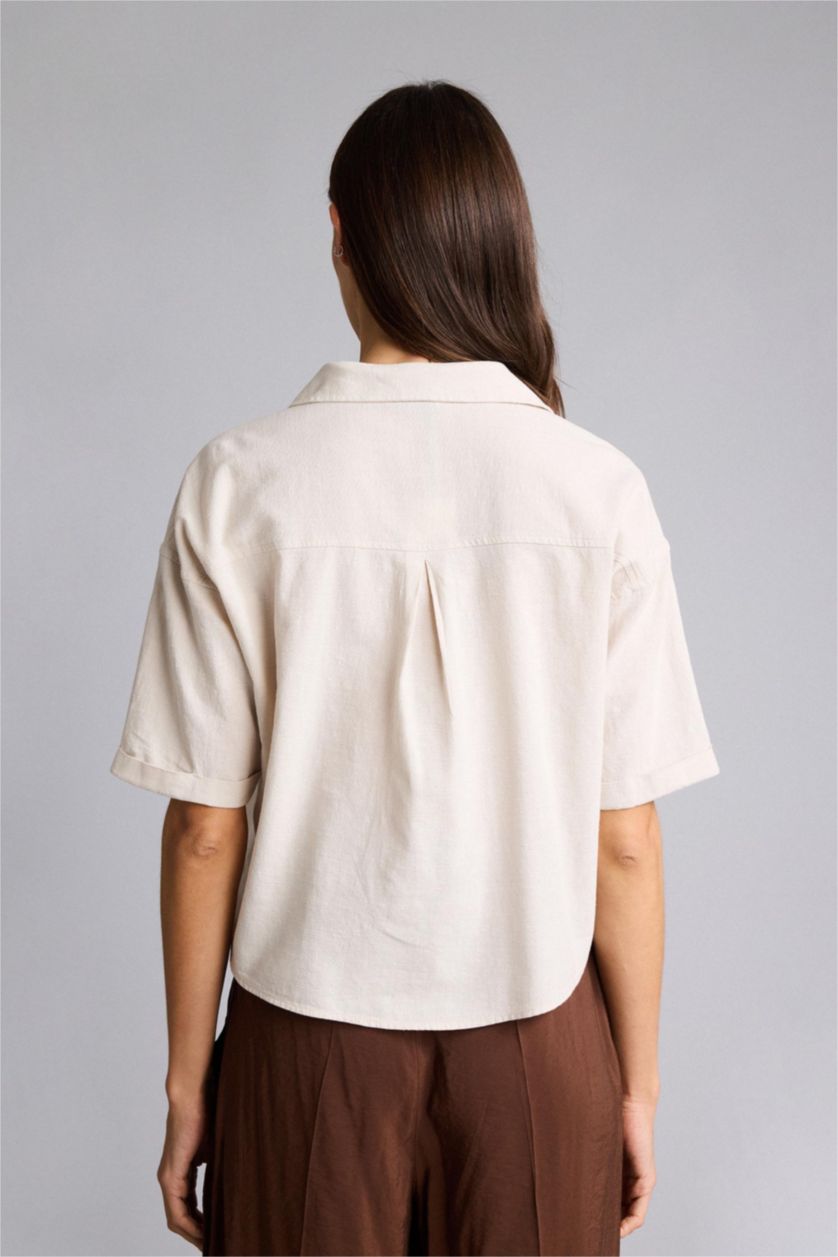 Woman Ecru Boxy Fit Shirt Collar Linen Blended Short Sleeve Shirt