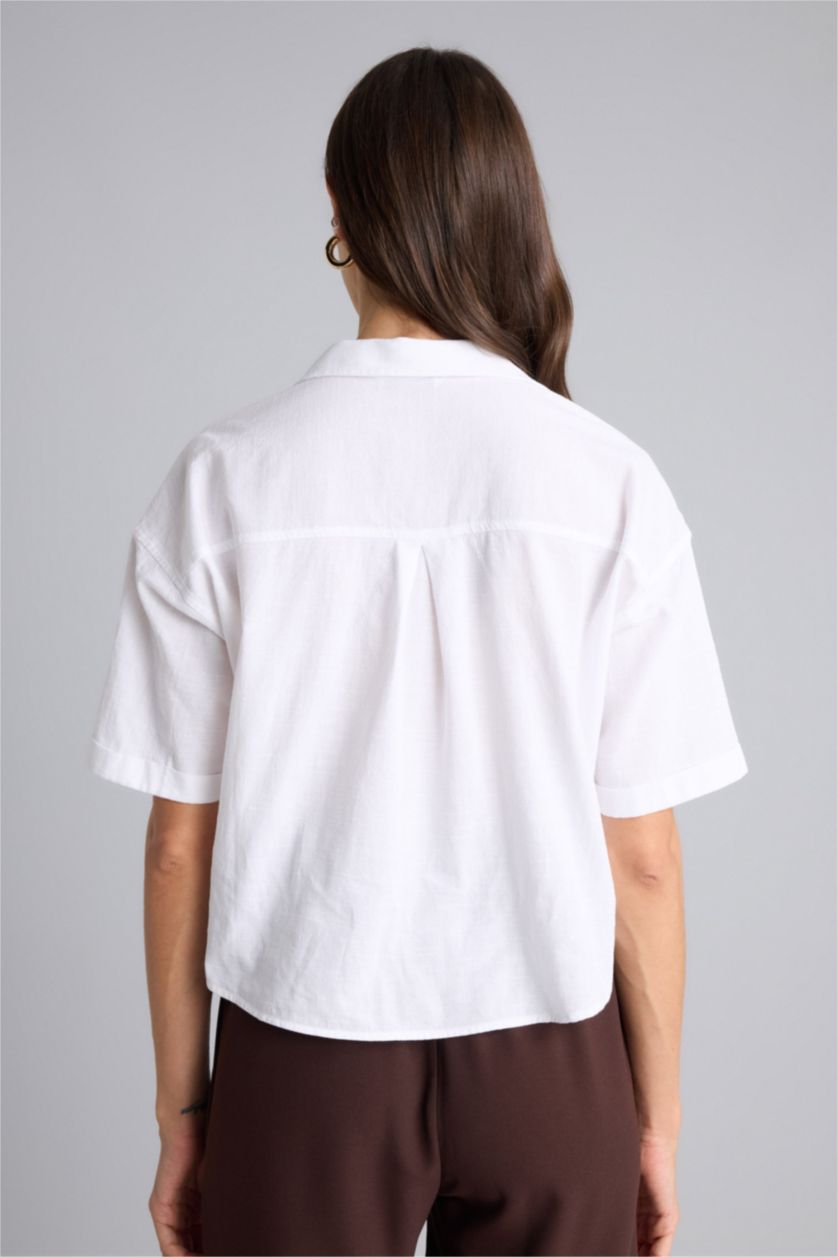 Kadın Beyaz Boxy Fıt Keten Karışımlı Gömlek