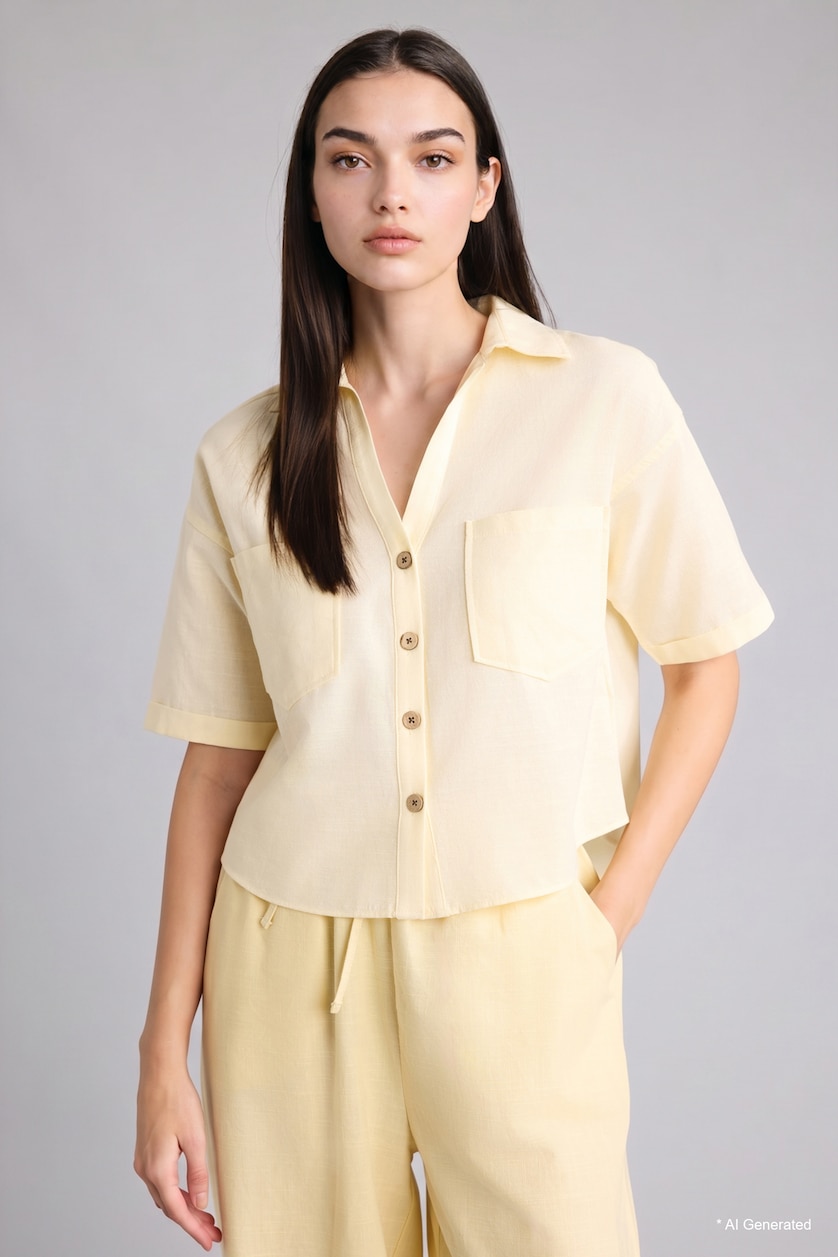 Women Light Yellow Boxy Fit Linen Blend Short Sleeve Shirt