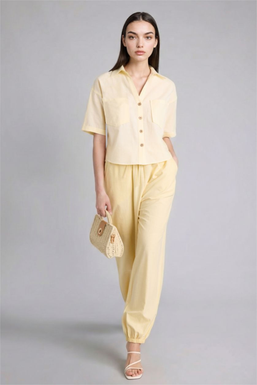 Kadın Açık Sarı Boxy Fit Keten Karışımlı Gömlek