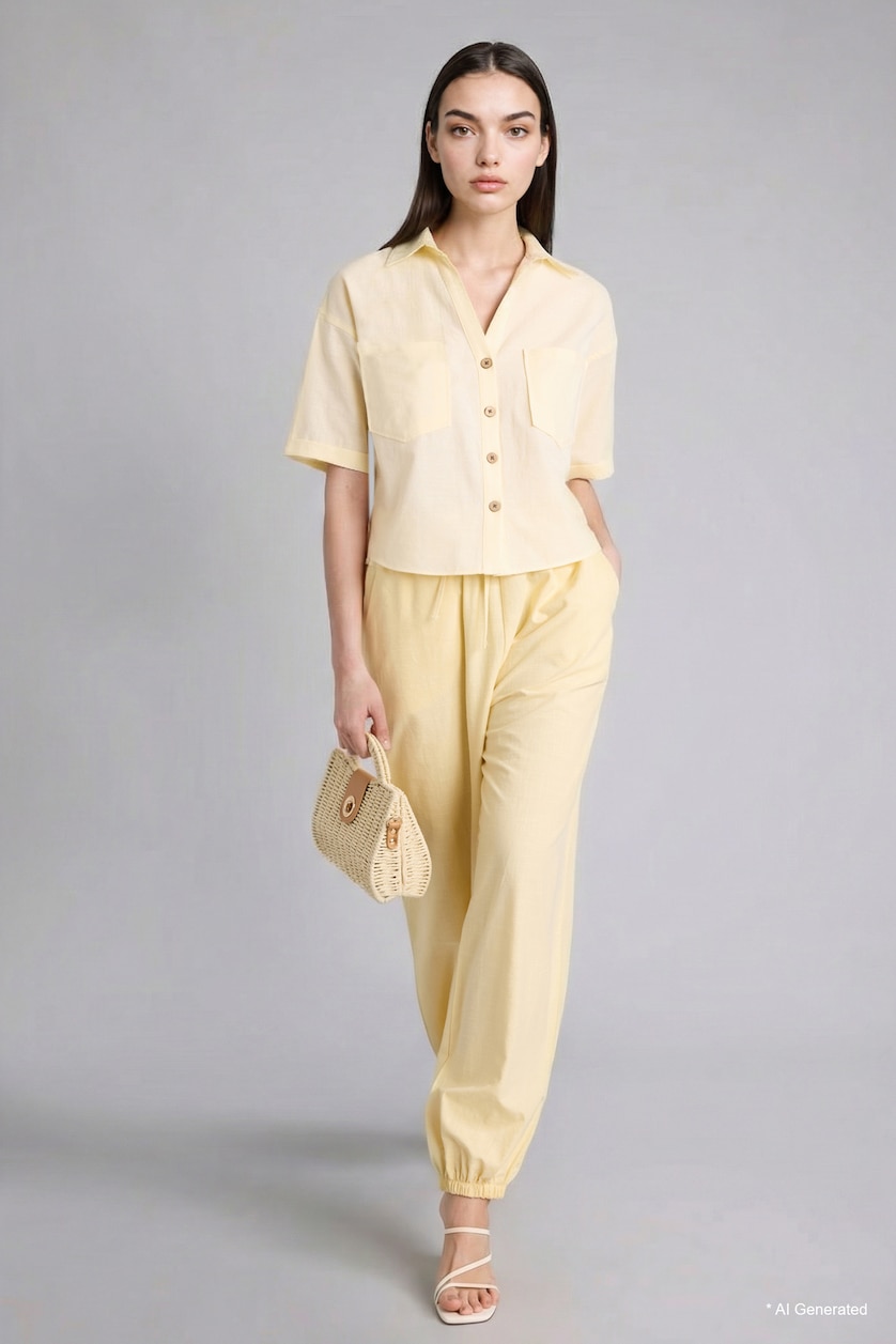 Women Light Yellow Boxy Fit Linen Blend Short Sleeve Shirt