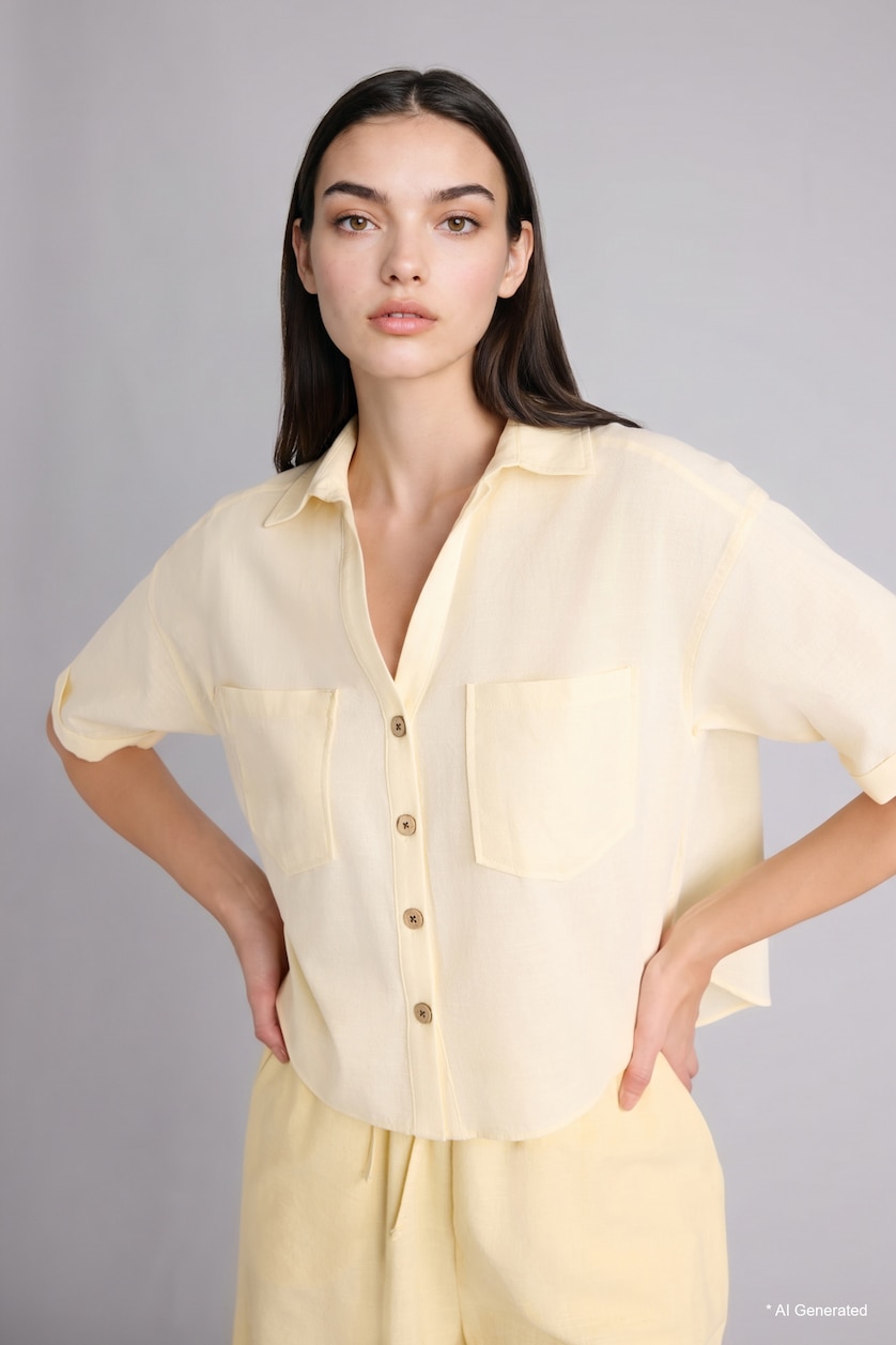 Women Light Yellow Boxy Fit Linen Blend Short Sleeve Shirt