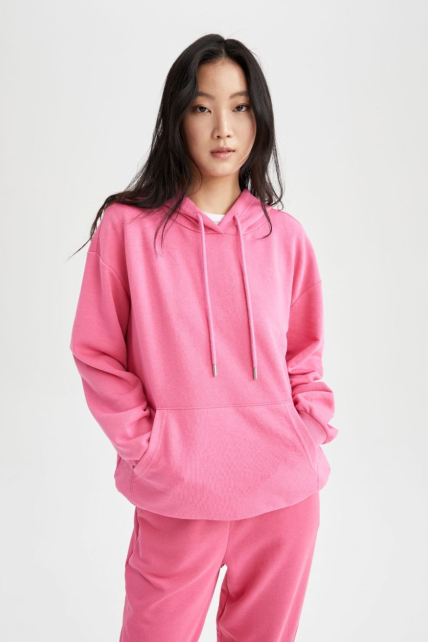 Kadın Pembe Relax Fit Kapüşonlu Basic Sweatshirt