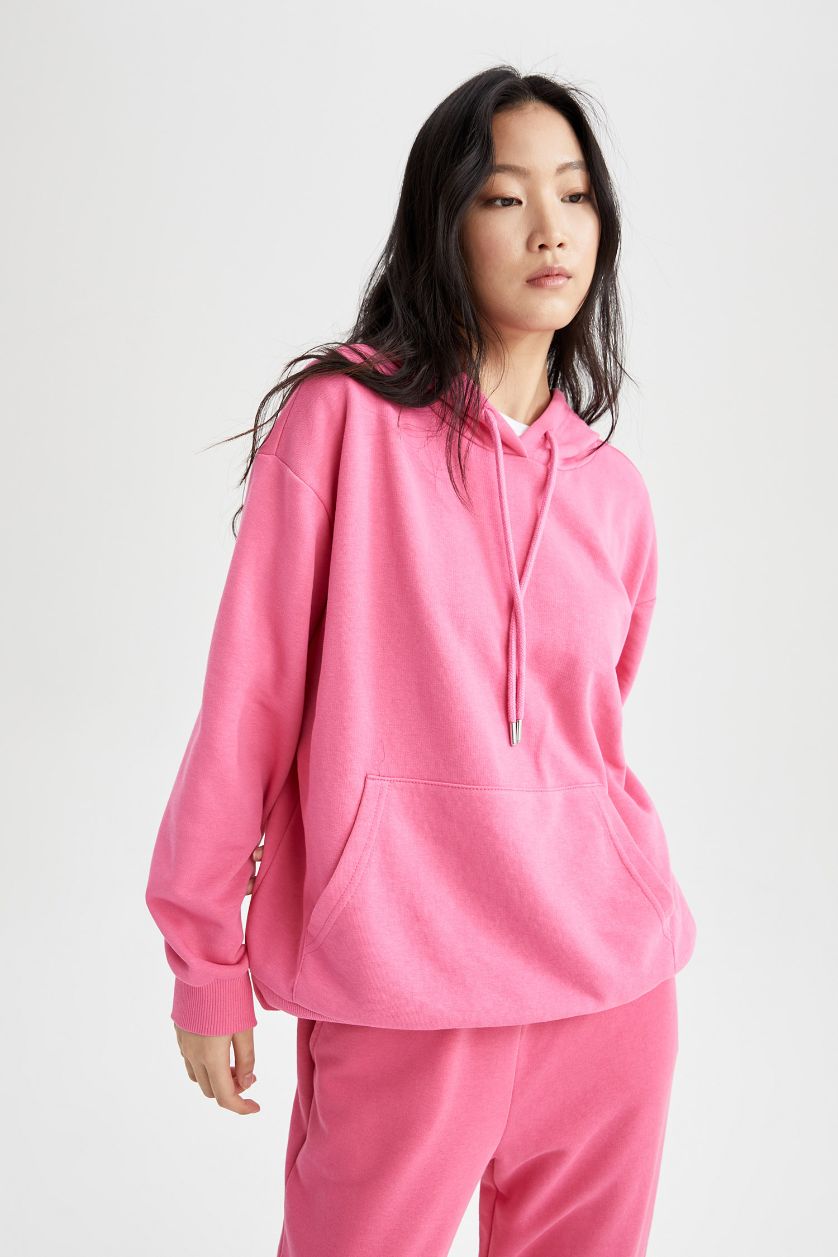 Kadın Pembe Relax Fit Kapüşonlu Basic Sweatshirt
