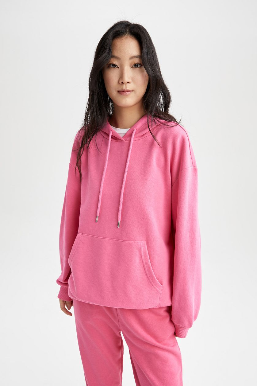 Kadın Pembe Relax Fit Kapüşonlu Basic Sweatshirt