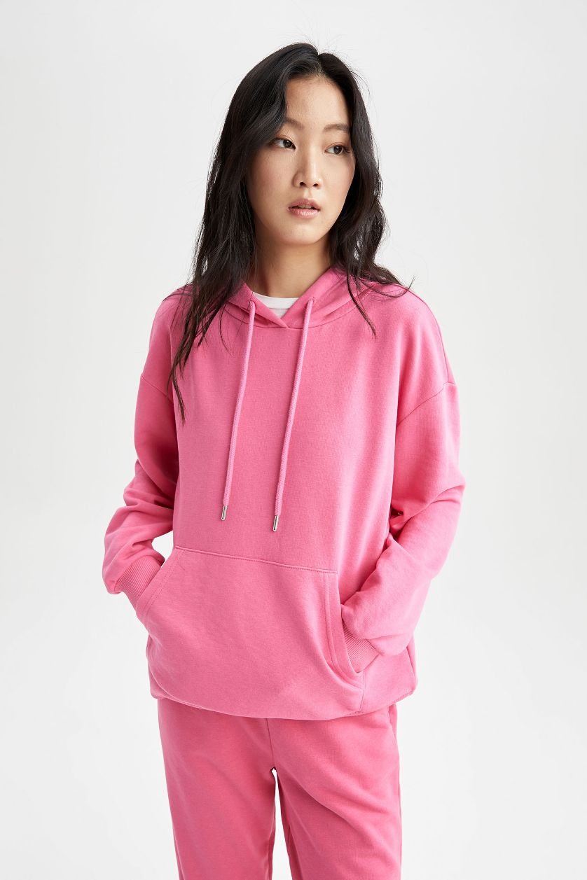 Kadın Pembe Relax Fit Kapüşonlu Basic Sweatshirt