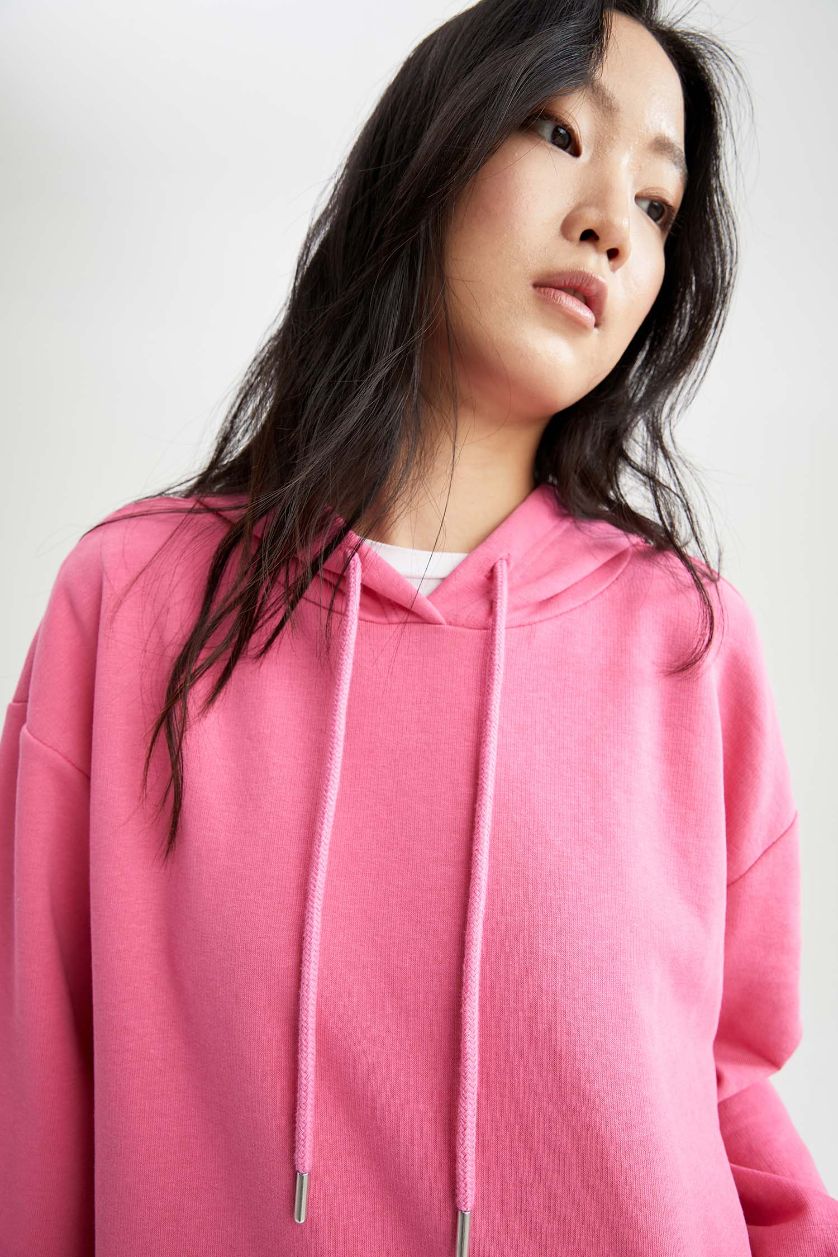 Kadın Pembe Relax Fit Kapüşonlu Basic Sweatshirt