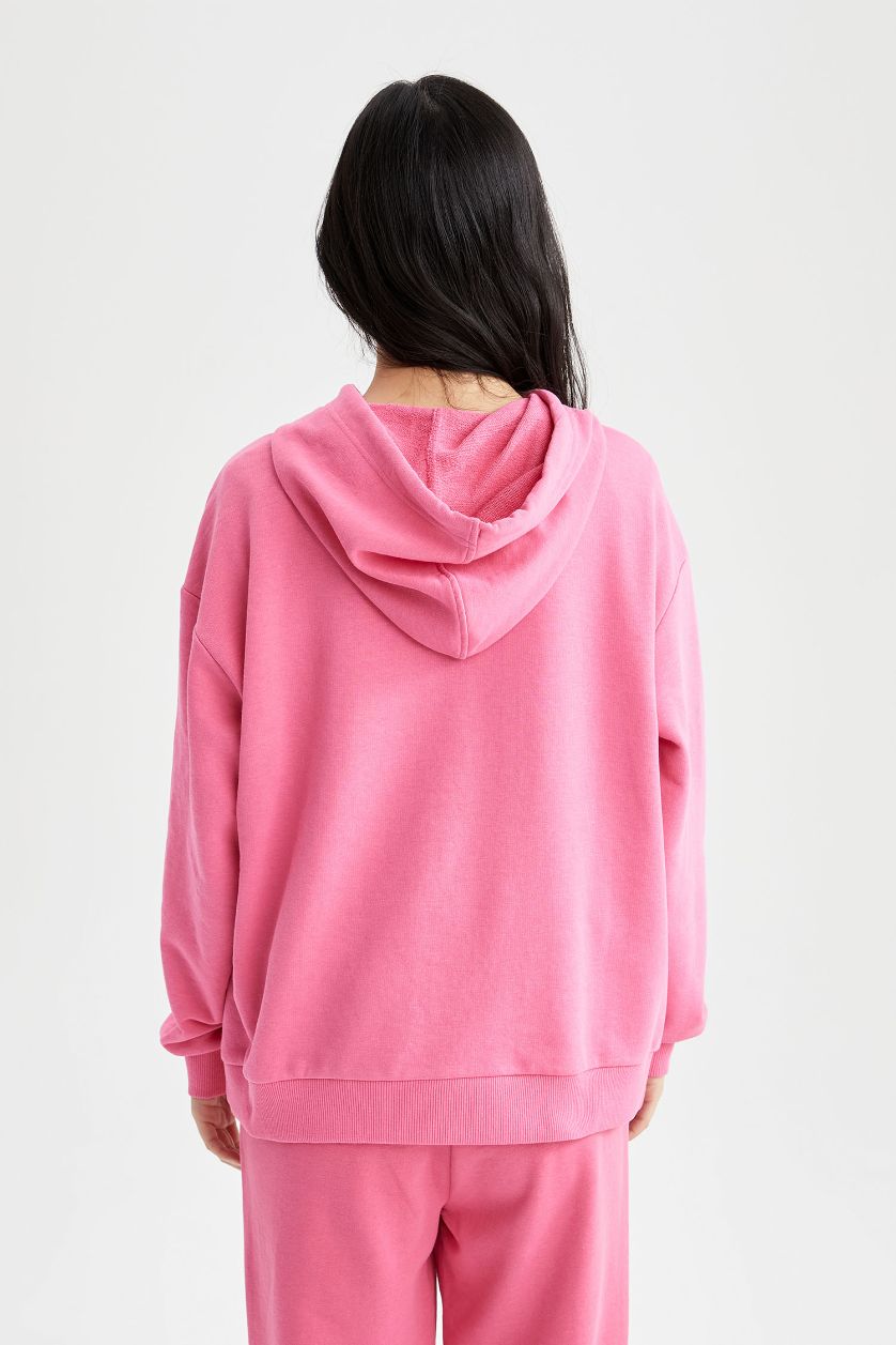 Kadın Pembe Relax Fit Kapüşonlu Basic Sweatshirt