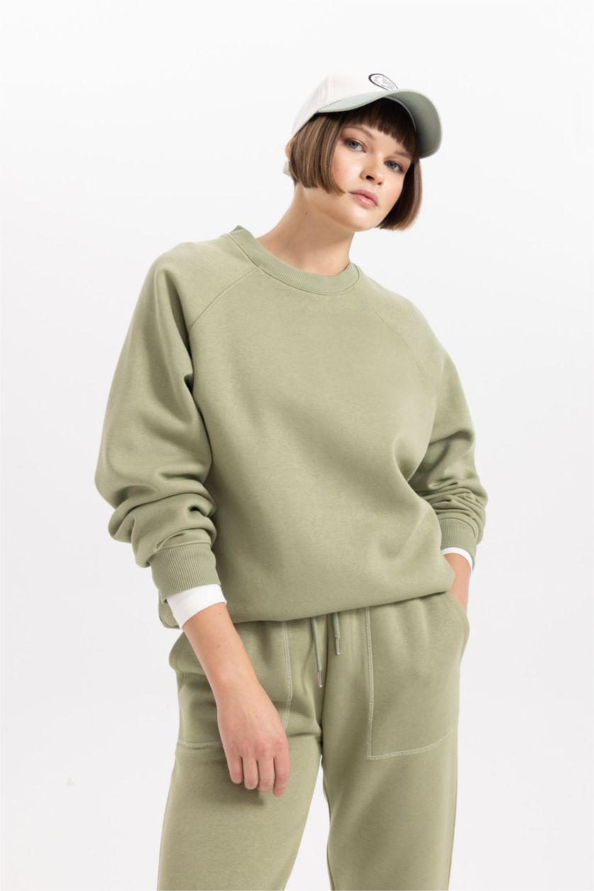 FEMME Kaki Sweat-shirt Oversize basique en tissu épais à Col Rond