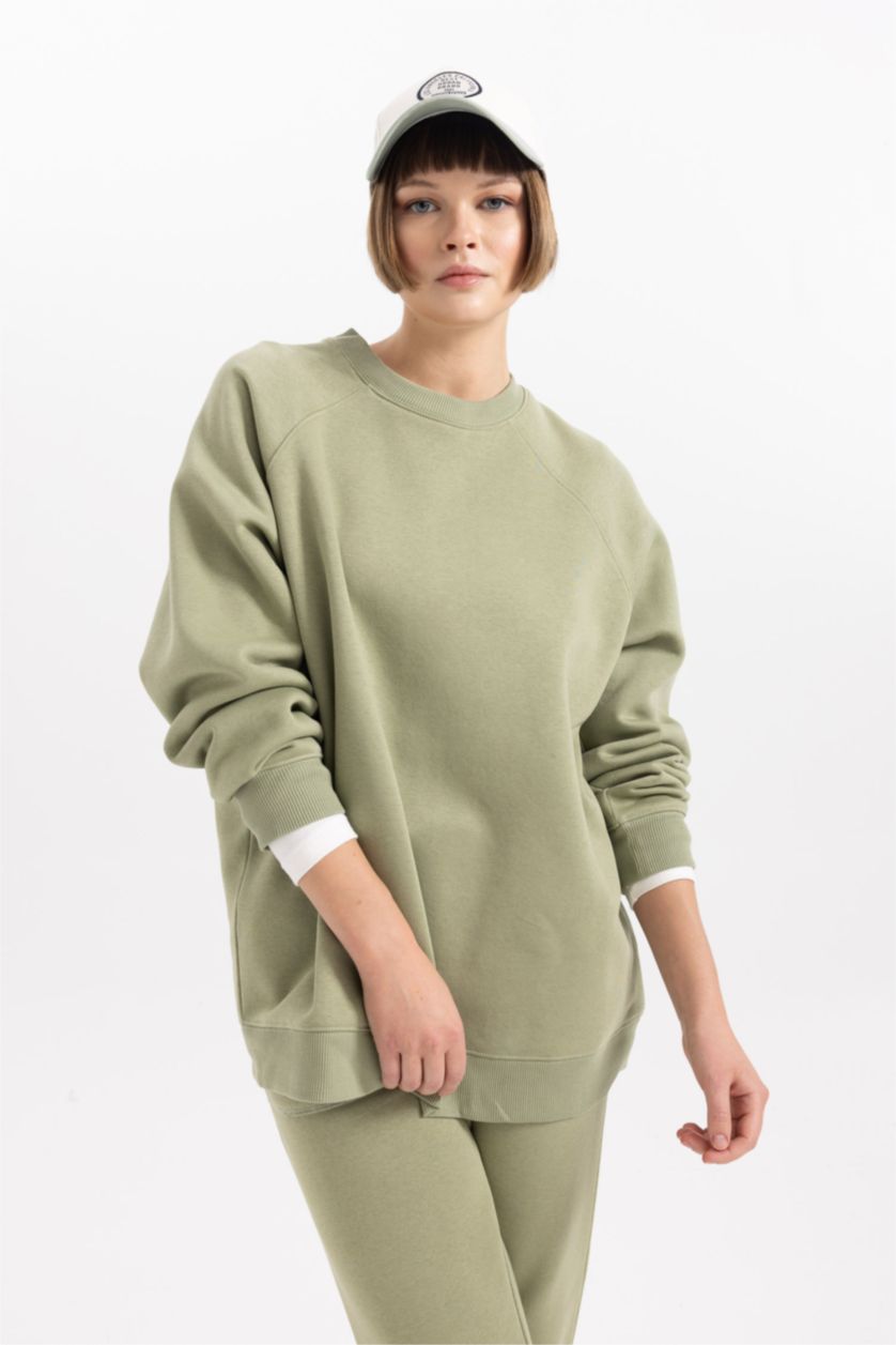 FEMME Kaki Sweat-shirt Oversize basique en tissu épais à Col Rond