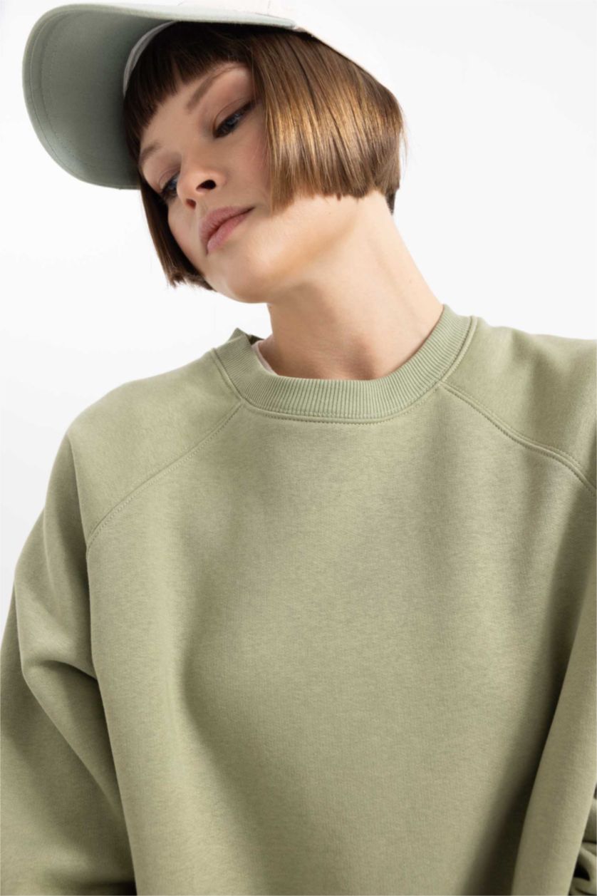 FEMME Kaki Sweat-shirt Oversize basique en tissu épais à Col Rond