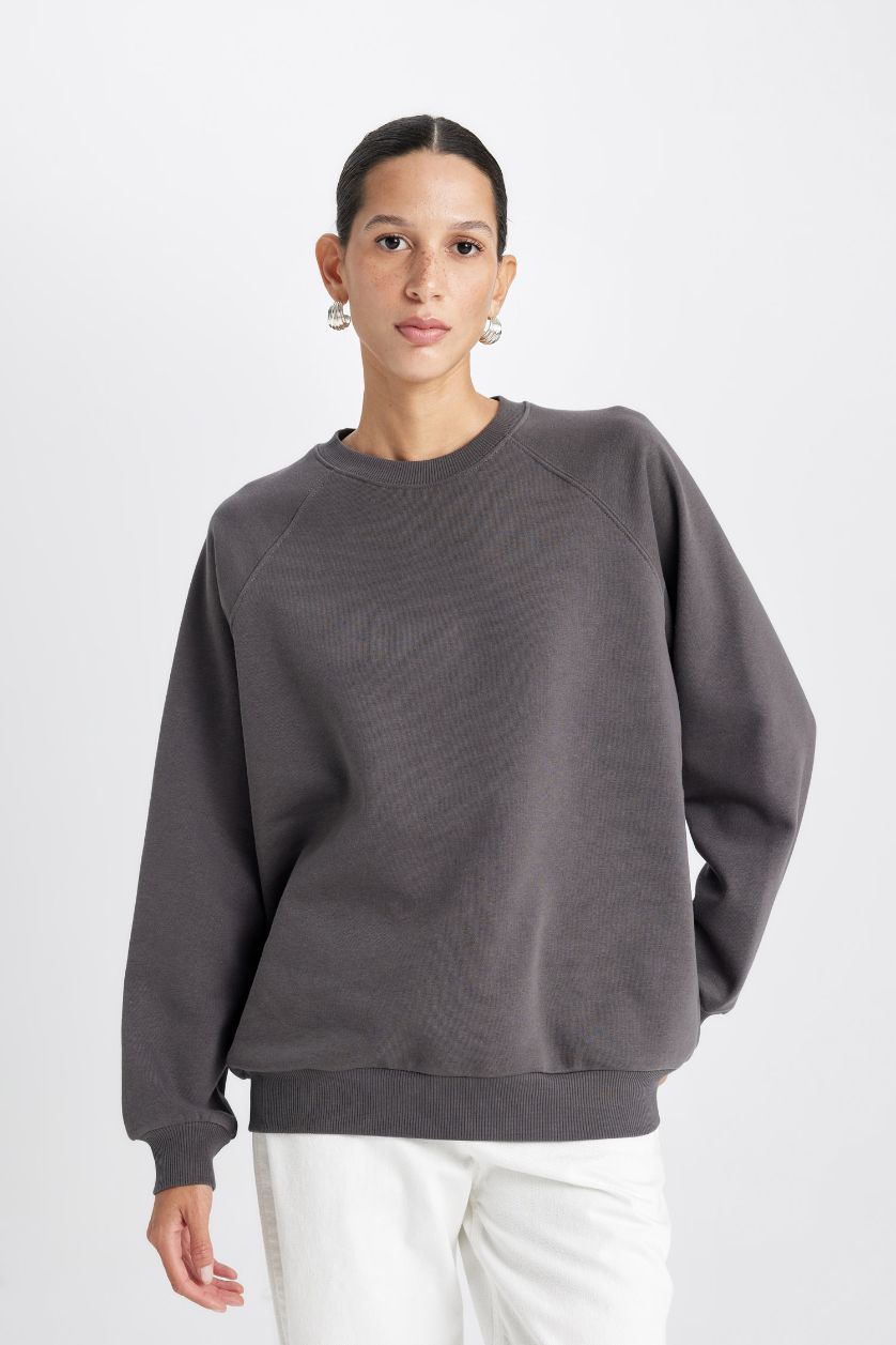 Kadın Antrasit Oversize Geniş Kalıp Bisiklet Yaka Kalın Basic Düz Sweatshirt