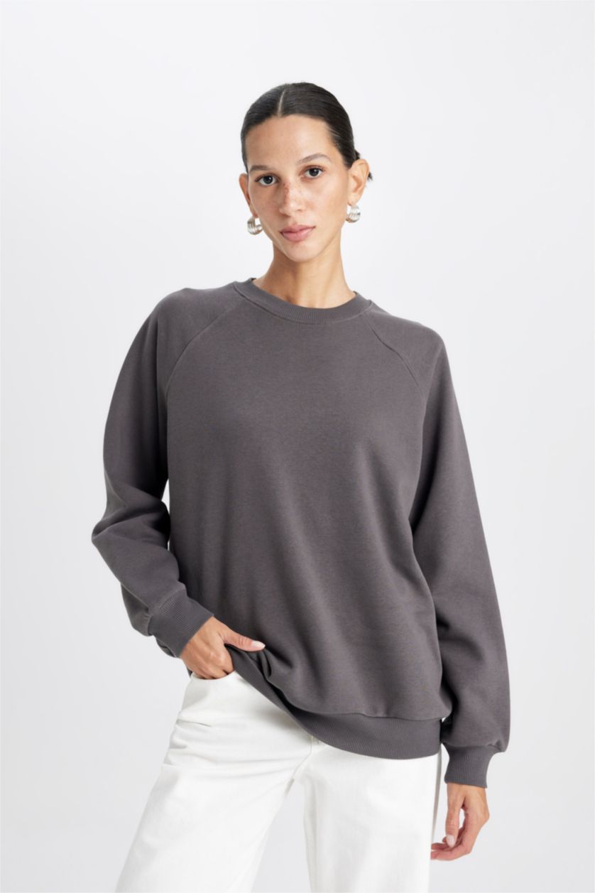 Kadın Antrasit Oversize Geniş Kalıp Bisiklet Yaka Kalın Basic Düz Sweatshirt